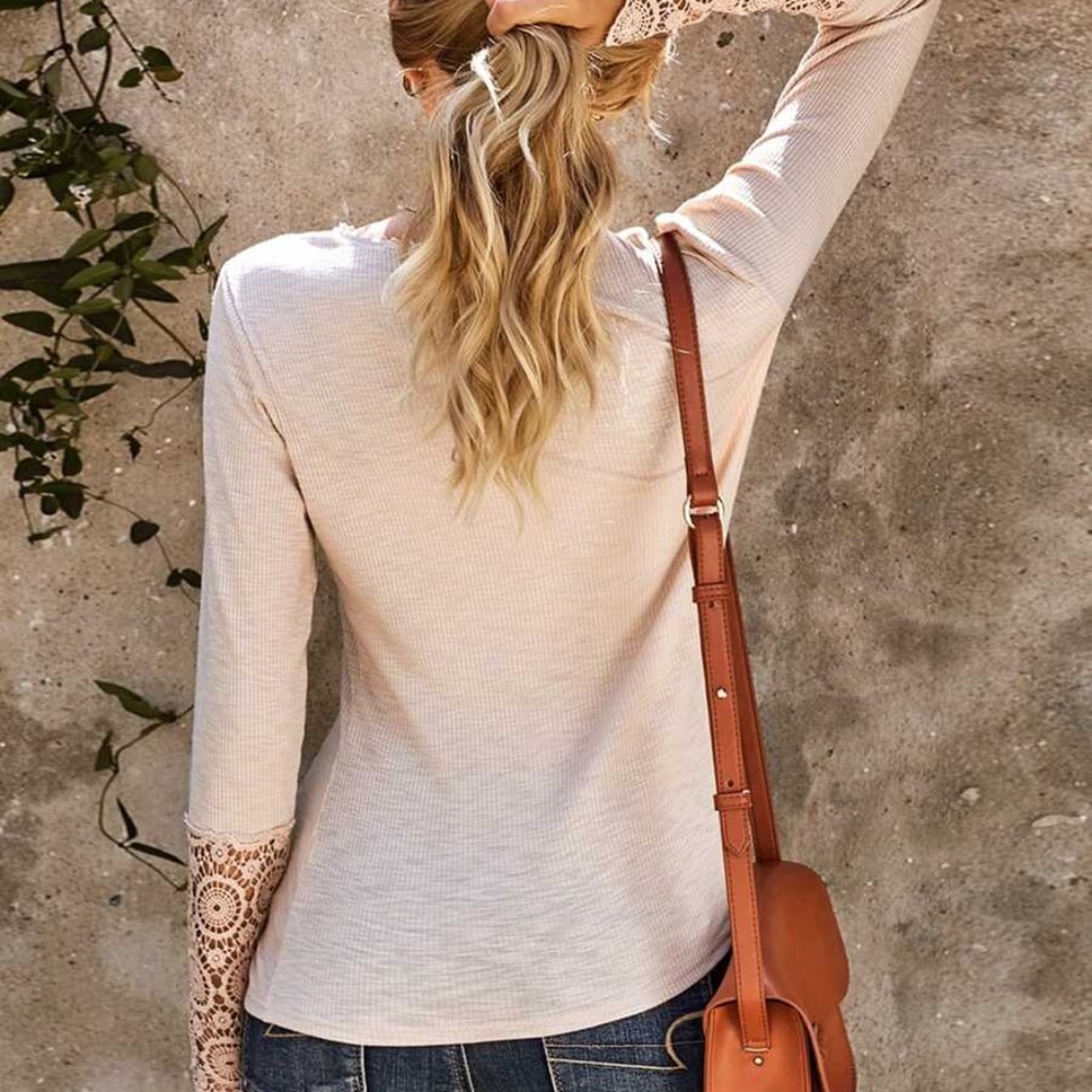 Button up lace long sleeve ribbed top white - Picture 11 of 12